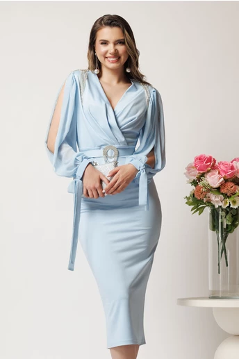 Rochie midi bleu din neopren cu franjuri din strasuri la umeri si curea in talie