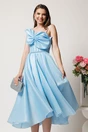 Rochie midi bleu din organza in clos cu funda la bust si margele, 1, dyfashion.ro