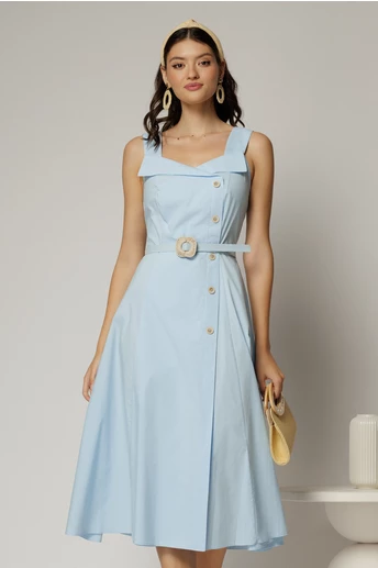 Rochie midi bleu din poplin cu nasturi si curea in talie