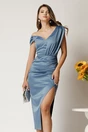 Rochie midi bleu din satin conica cu un umar gol, 1, dyfashion.ro