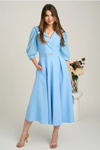 Rochie midi bleu din stofa clos cu maneci din voal- LaDonna