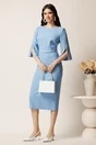 Rochie midi bleu din stofa conica cu perle la maneci si in talie- LaDonna, 3, dyfashion.ro