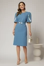 Rochie midi bleu din stofa cu croi conic si detalii ivory la maneci, 3, dyfashion.ro