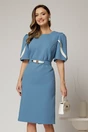 Rochie midi bleu din stofa cu croi conic si detalii ivory la maneci, 1, dyfashion.ro