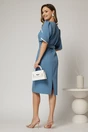 Rochie midi bleu din stofa cu croi conic si detalii ivory la maneci, 2, dyfashion.ro