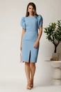 Rochie midi bleu din stofa cu croi conic si maneci tip lalea, 3, dyfashion.ro