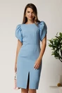 Rochie midi bleu din stofa cu croi conic si maneci tip lalea, 1, dyfashion.ro