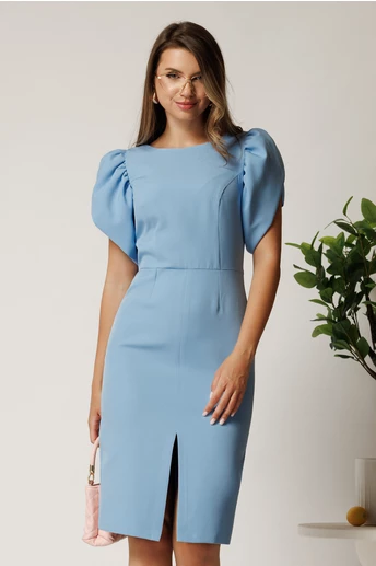 Rochie midi bleu din stofa cu croi conic si maneci tip lalea