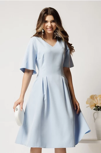 Rochie midi bleu din stofa in clini cu pliuri si buzunare