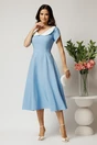 Rochie midi bleu din stofa in clos cu guler alb si perle margelute la maneci, 3, dyfashion.ro