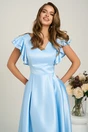 Rochie midi bleu din tafta subtire in clos cu volanase la bust, 4, dyfashion.ro