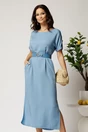 Rochie midi bleu din tencel croi drept si curea in talie, 1, dyfashion.ro