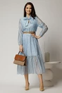 Rochie midi bleu din tencel cu buline si funda la decolteu, 3, dyfashion.ro