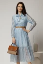 Rochie midi bleu din tencel cu buline si funda la decolteu, 1, dyfashion.ro