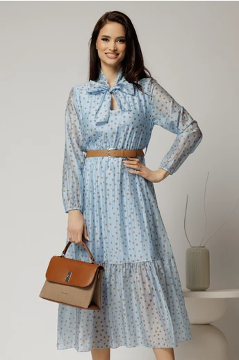 Rochie midi bleu din tencel cu buline si funda la decolteu