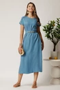 Rochie midi bleu din tencel cu croi evazat si curea in talie, 3, dyfashion.ro