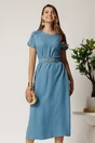 Rochie midi bleu din tencel cu croi evazat si curea in talie, 1, dyfashion.ro