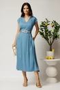 Rochie midi bleu din tencel in clos cu cu pliuri si curea in talie, 3, dyfashion.ro