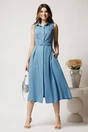 Rochie midi bleu din tencel in clos cu nasturi si curea, 3, dyfashion.ro