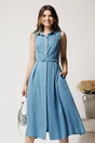 Rochie midi bleu din tencel in clos cu nasturi si curea, 1, dyfashion.ro