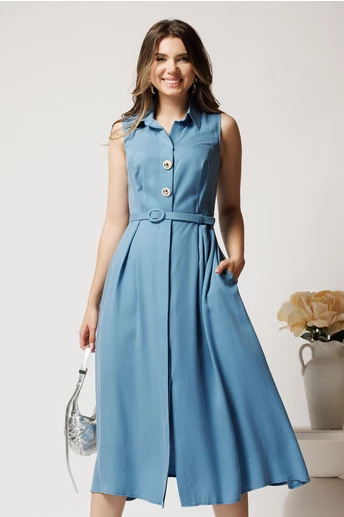 Rochie midi bleu din tencel in clos cu nasturi si curea