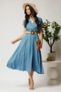 Rochie midi bleu din tencel in clos cu nasturi si curea impletita, 3, dyfashion.ro