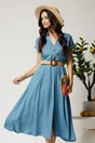 Rochie midi bleu din tencel in clos cu nasturi si curea impletita, 1, dyfashion.ro