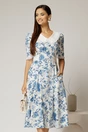 Rochie midi bleu din vascoza cu imprimeu floral si guler alb brodat, 1, dyfashion.ro
