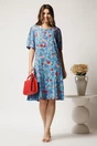 Rochie midi bleu din viscoza cu croi drept si flori roz, 3, dyfashion.ro