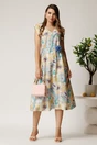 Rochie midi bleu din viscoza cu imprimeuri galbene in clos cu floare in talie, 2, dyfashion.ro
