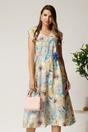 Rochie midi bleu din viscoza cu imprimeuri galbene in clos cu floare in talie, 1, dyfashion.ro