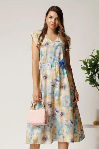 Rochie midi bleu din viscoza cu imprimeuri galbene in clos cu floare in talie