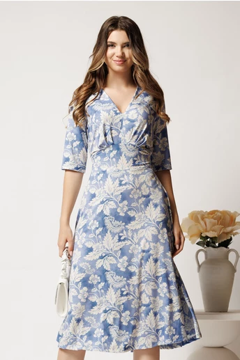 Rochie midi bleu din viscoza in clos cu flori albe