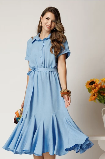 Rochie midi bleu din viscoza in clos cu nasturi si cordon