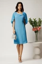Rochie midi bleu din voal cu croi drept si accesoriu stralucitor la bust, 3, dyfashion.ro