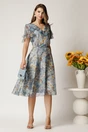 Rochie midi bleu din voal cu floricele albastre in clos cu volanase la bust, 3, dyfashion.ro