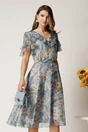 Rochie midi bleu din voal cu floricele albastre in clos cu volanase la bust, 1, dyfashion.ro