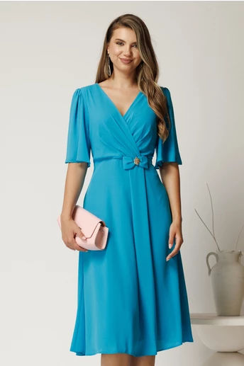 Rochie midi bleu din voal cu fundita in talie