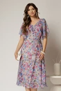 Rochie midi bleu din voal cu imprimeuri fucsia si nasturi pe bust, 1, dyfashion.ro