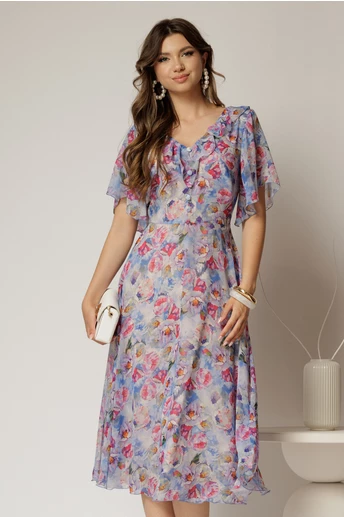 Rochie midi bleu din voal cu imprimeuri fucsia si nasturi pe bust