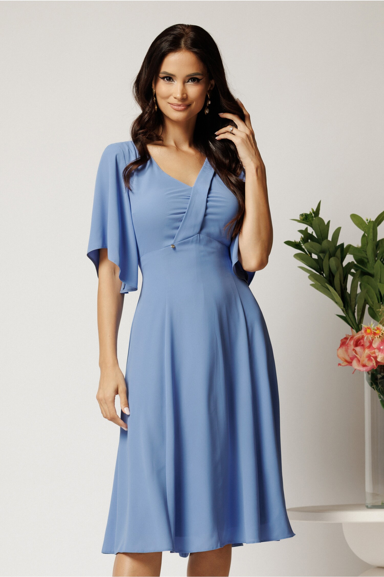 Rochie midi bleu din voal in clos cu decolteu- Viada