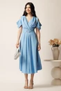 Rochie midi bleu din voal in clos cu decupaje la umeri si cordon in talie- LaDonna, 3, dyfashion.ro