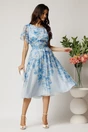 Rochie midi bleu din voal in clos cu imprimeu floral si cordon in talie, 3, dyfashion.ro