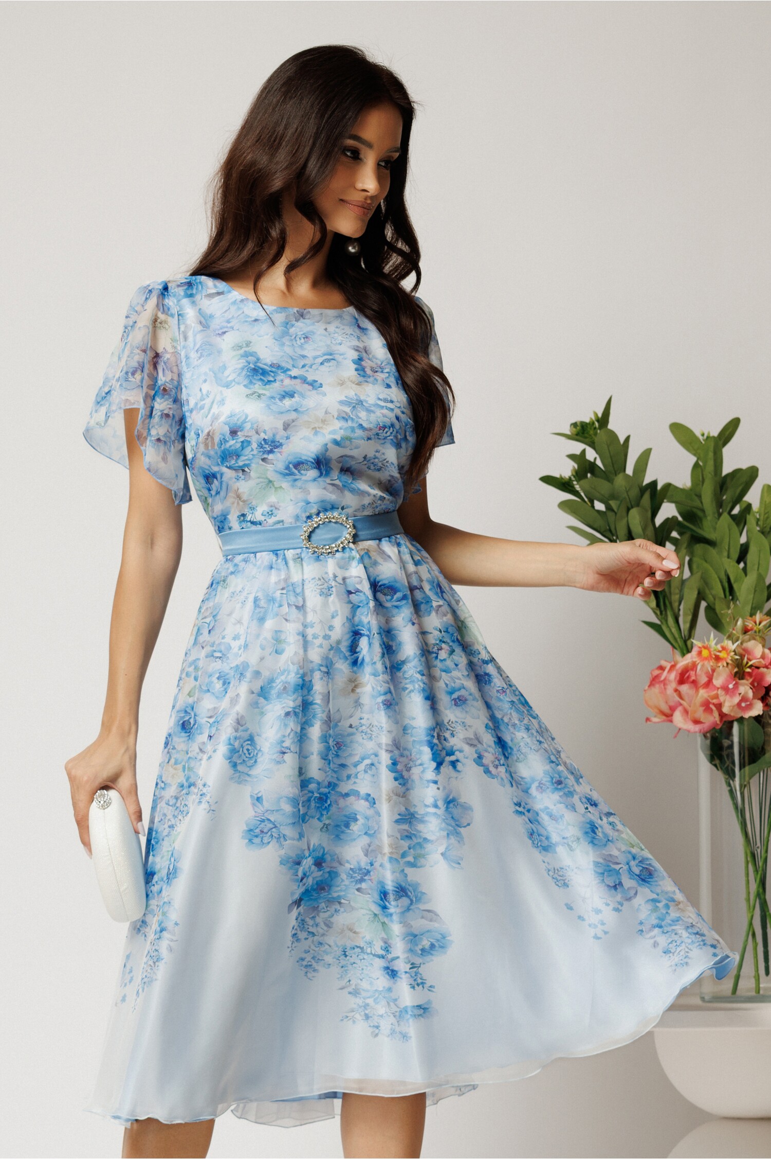 Rochie midi bleu din voal in clos cu imprimeu floral si cordon in talie- Viada