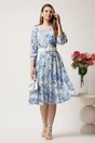 Rochie midi bleu din voal in clos cu imprimeuri si curea in talie, 3, dyfashion.ro