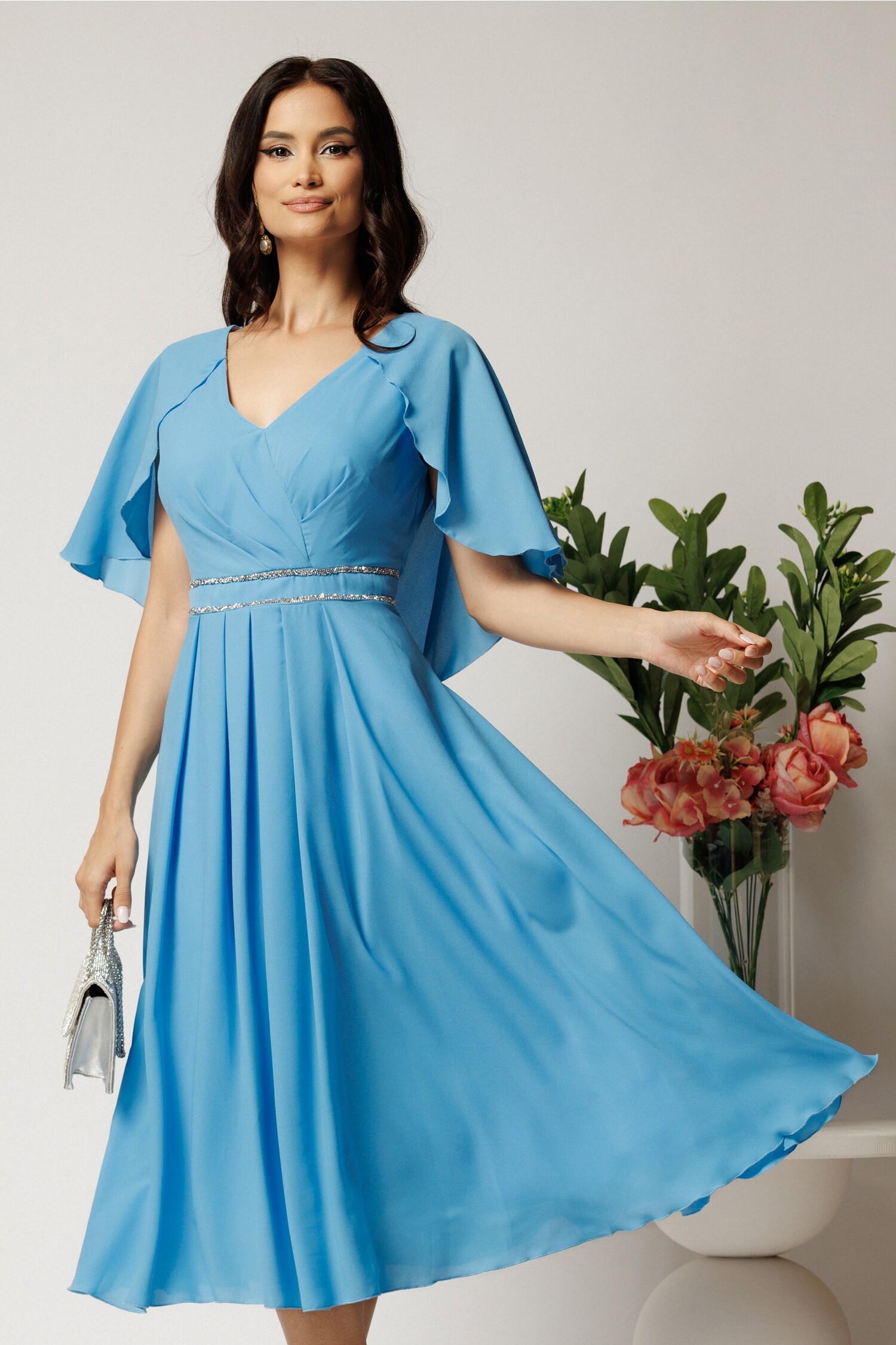 Rochie midi bleu din voal in clos cu strasuri in talie- Viada