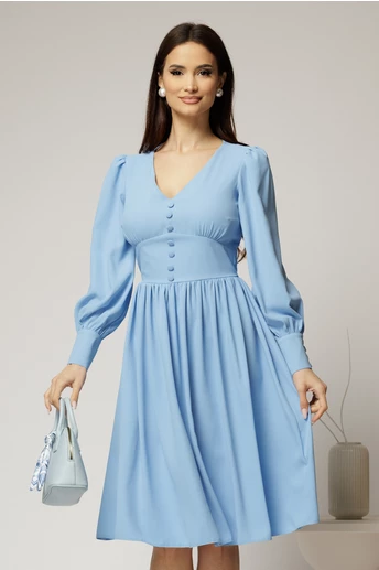 Rochie midi bleu din voal plin cu nasturi pe bust