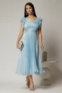 Rochie midi bleu din voal plisat cu decolteu V si volanase la maneci, 1, dyfashion.ro