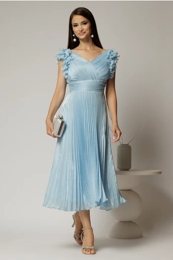 Rochie midi bleu din voal plisat cu decolteu V si volanase la maneci
