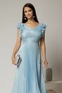 Rochie midi bleu din voal plisat cu decolteu V si volanase la maneci, 3, dyfashion.ro